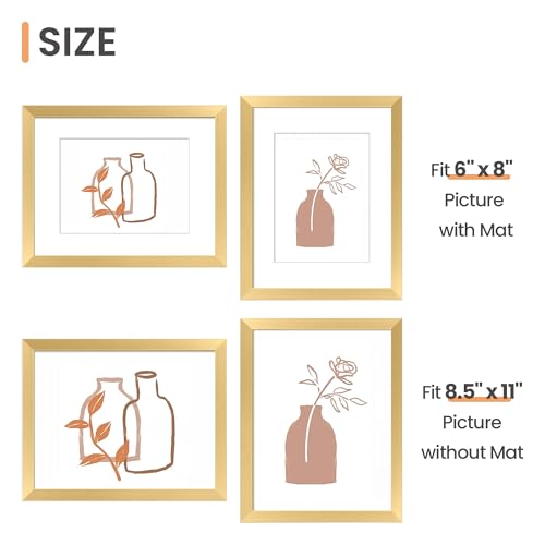 Image of upsimples 8.5x11 Picture Frame Set of 5, Display Pictures 6x8 with Mat or 8.5 by 11 Without, Wall Gallery Photo Frames, Gold