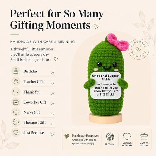 Image of Emotional Support Pickle Crochet with Stand. Handmade Positive Pickle Gift for Women, Friends, Family, Co Workers. Birthday Gifts. Best Friends (Pink Support Pickle)