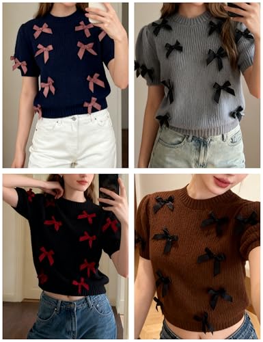 Image of Women's Sweaters Knitted Crewneck Puff Bubble Short Sleeve Pullover Tops Casual Bow T Shirts Chic Blouses