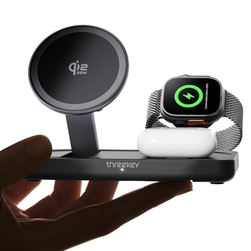【Apple公認・MFi・Qi2 25W公式認証】THREEKEY 3in1 MagSafe対応 ワイヤレス充電ステーション|iPhone 17/16/15/14/13/12・for Apple Watch・AirPods対応|折りたたみ式高速充電スタンド|45Wアダプター&1.5m編み込みケーブル付属 (ブラック)