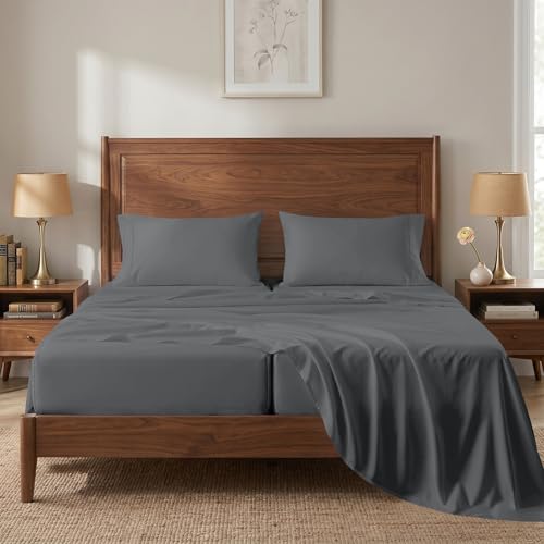 Image of 450TC 100% Cotton Split King Sheet & Pillowcase Sets - Sateen, Charcoal
