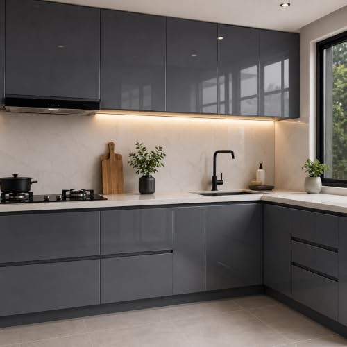 Image of Vinyl Contact Paper Decorative for Cabinets Countertops Kitchen Shelves Liner Self Adhesive Film Peel and Stick Waterproof Removable Wallpaper (Inches 24 x 300, Glossy Grey)
