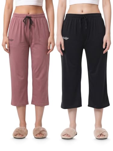 Image of Fflirtygo Women's Cotton Plain Calf Length Capri | Nightwear Short Pyjama | 3 /4th Solid Pyjama Pant | Regular Fit Casual & Lounge Wear Capri Combo (Pack of 2)