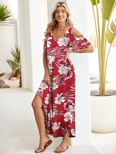 Image of BELAROI Womens Cold Shoulder Maxi Dress Plus Size V Neck Summer Sundresses with Pockets Beach Coverup Vacation Outfits