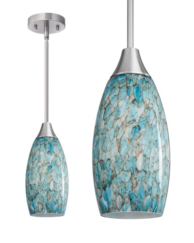 Image of EDISHINE Pendant Light, Hand Blown Hanging Light Fixture, Adjustable Brushed Nickel Rods, 5.12 inch D x 11.4 inch H Shade, Blue Glass Pendant Lighting for Kitchen Island, Sink, Bathroom, Dining Room