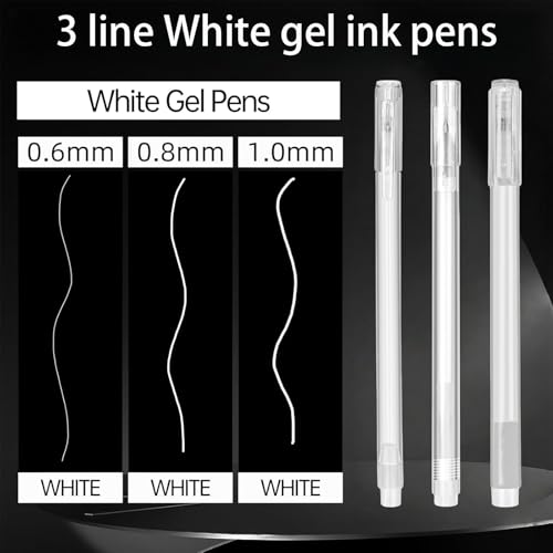 Hyleon White Gel Pen, 3Pcs White Highlighter Pens for Art, 0.6/0.8/1mm Line Drawing Pens, for Black Paper, Highlights, Sketching Drawings, Writing, Designs and Art Supplies