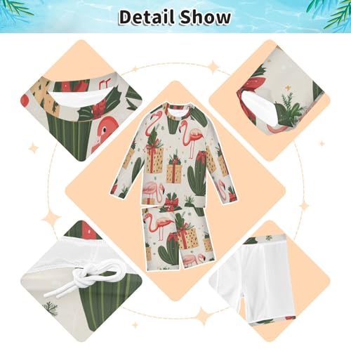 Xmas Flamingo Cactus Boys Swimsuit Rash Guard Toddler Kids Long Sleeve Swim Shirt and Trunks Swimwear Set 3-10Y3