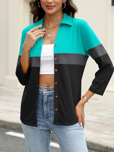 ORANDESIGNE Women's Button Down Shirts 3/4 Length Sleeve Polo Collared Tops Business Casual Color Block Summer Tees3