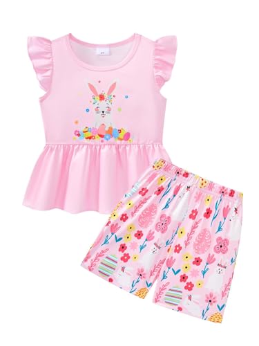 Image of Girls Summer Outfits Toddler Baby Girls Short Sets 2 Piece Clothing Set Flutter Sleeve Shirt and Short 2-7 Years