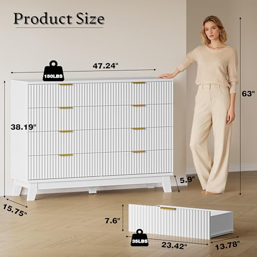 Image of BORNOON Fluted 8 Drawer Tall Dresser, 47.2 inch Wide Modern Boho Chest of Drawers, Wooden Storage Dresser TV Stand for Bedroom, Living Room, Closet, Hallway, Curved Profile Design