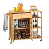SILKYDRY Bamboo Kitchen Island Cart, Rolling Butcher Block with Large Drawer, 2-Door Cabinet, 3-Tier Open Shelves, Towel Rack, Kitchen Carts on Wheels with Storage for Dining Room