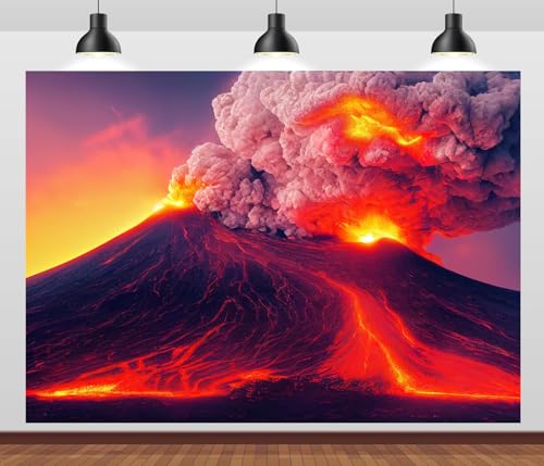Loccor 7x5ft Fabric Volcano Backdrop Volcanic Eruption with Red Lave Clouds of Volcanic Ash Natural Landscape Background Volcano Theme Party Decor Photo Studio Props