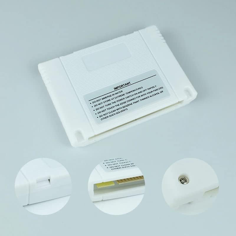 Jarak dekat views of the cartridge features including the LED switch, game connector, and casing screw.