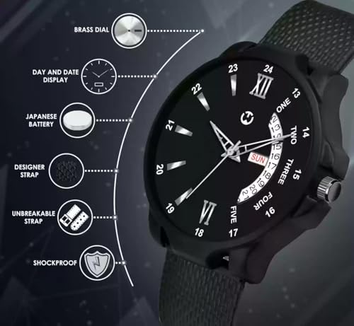 Image of Analog Day and Date Black Dial with Black Silicon Leather Strap for Men's