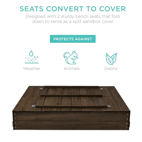 Image of Best Choice Products Large Outdoor Wooden Sand Box for Kids, Sandbox with Cover, Bench Seats Support up to 220 lbs, Bottom Liner for Drainage, Cedar Wood - Espresso
