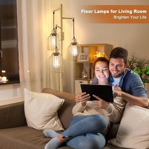 Dimmable Floor Lamp for Living Room, Farmhouse Floor Lamps with Elegant Hanging Cage, 3 x LED Edison Bulbs Included, 68.5" Industrial Standing Light for Bedroom Office Home Decor (Gold) - Image 5