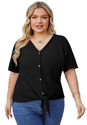 OLRIK Womens Plus Size Tops Short Sleeve V Neck Waffle Knit Tunic Blouse Tie Front Button Up T Shirts2