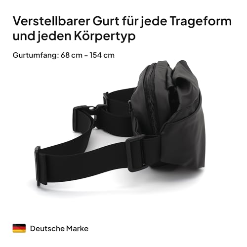 Große Bauchtasche Damen und Herren - Brusttasche XXL schwarz mit vielen Fächern und Innentasche, Hüfttasche, Gürteltasche groß, Umhängetasche und Bumbag für Freizeit, Sport, Laufen, Fitness