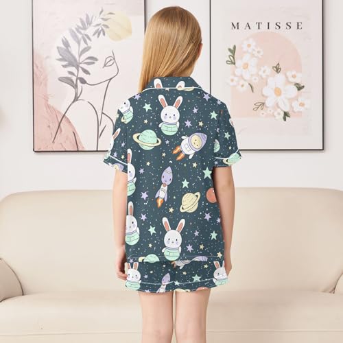 ALAZA Space Rabbit Spaceship Pajamas Satin Pajama Set Short Sleeve Button Down Sleepwear4