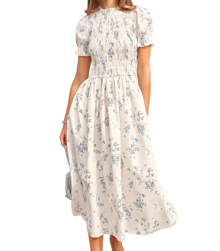 Image of RIHOAS Plaid Gingham Midi Dress Short Sleeve Smocked Dresses for Women | Cotton,Ruffle Puff Sleeves,Vintage Brown,Spring Summer Casual Daily,Picnic,Travel,Vacation,Christmas Festive Occasions