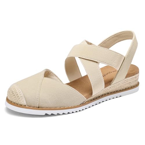 mysoft Womens Wedge Sandals Low Heel Comfortable Closed Toe Espadrilles Slip-on Elastic Ankle Strap Walking Shoes
