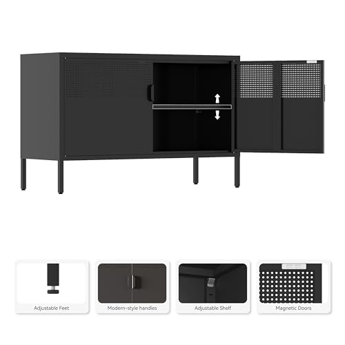 Image of Metal Storage Cabinet,2 Door TV Stand, Metal Mesh Accent Cabinet