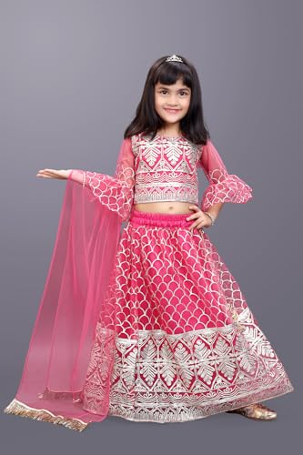 Image of Girl's Princess Lehenga Choli Set - Soft Net, Ribbon Embroidery With Duppata, Readymade