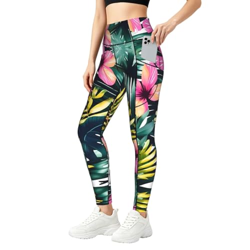 Leggings tropicales de verano para mujer con bolsillos y ropa climática de hojas de palma