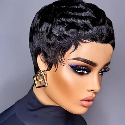 RUISENNA Pixie Cut Wig Human Hair for Black Women Short Layered Pixie Cut Wigs Full Machine Made Wigs Brazilian Virgin Human Hair Wigs For Women Glueless Wigs Natural Black Color 1b Cover