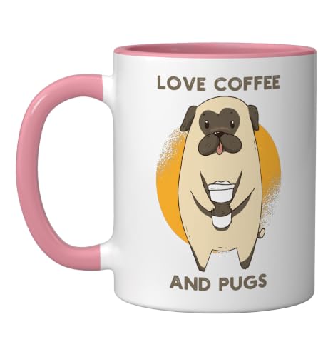 Cute Coffee And Pugs Owners Takeaway Coffee Dog Lovers Ceramic Mug, Pink/White, 11oz