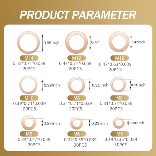 Image of 200 PCS Car Flat Gasket Classification Kit, Oil Pan Plug Sealing Gaskets, M5 M6 M8 M10 M12 M14 Copper Metric Washers, Universal Accessories for Most Car (Gold), SEPDP2400GO-200PCS
