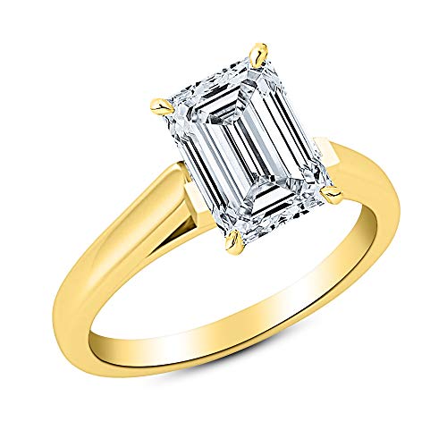 14K Yellow Gold 1-5 Carat Lab Grown Solitaire Emerald Cut Cathedral IGI Diamond Engagement Ring (E-F Color VS1-VS2 Clarity)