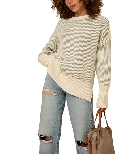 Image of Faleave Women's Fashion Sweater Fall Casual Long Sleeve Ribbed Knit Crew Neck Pullover Sweaters Blouse Tops
