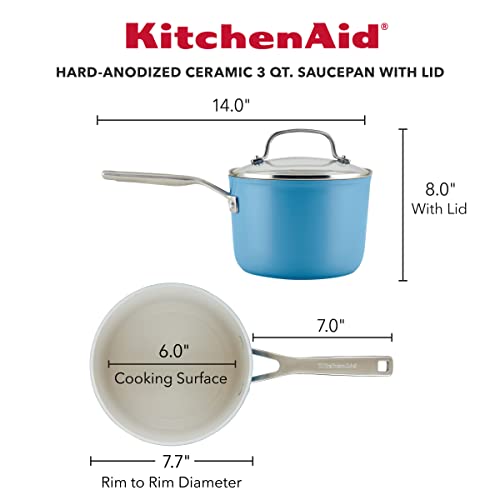 Image of KitchenAid Hard Anodized Ceramic Nonstick Cookware Sauce Pan with Lid, 3 Quart - Blue Velvet