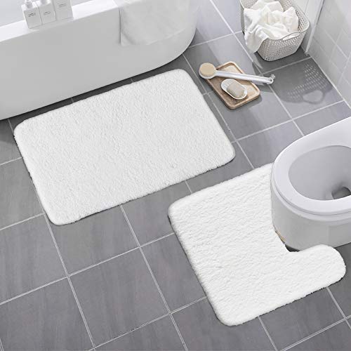 Seavish Luxury White Contour Bath Rug, 19.5 X 19.5 Inches Shaggy Bathroom Rugs,Non Slip Efficient Water Absorbent Machine Washable Tufted Bath Mat Microfiber Soft Thick Plush U-Shaped Toilet Mat #TOP5