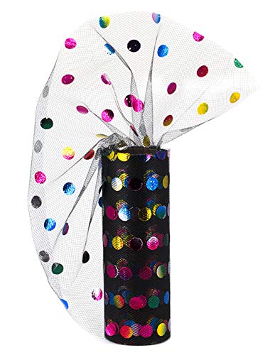 Creativery Tüll Stoff 9m x 15cm Punkte schwarz/bunt Regenbogen Rolle transparent zum Basteln von Tüllröcken und Kostümen