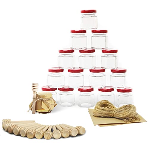 image for Rormket 1.5oz Glass Hexagon Honey Jars Red Lids, Extra Wooden Honey Di