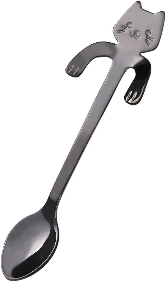 Spoons，Teaspoons， Dessert Spoons 10pcs Stainless Steel Coffee Spoon Lovely Cute Cat Shape Teaspoon Dessert Snack Scoop Ice Cream Mini Spoons Tableware Kitchen Tools Black