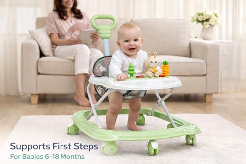 Image of Baby Activity Walker with Push Handle & Toy Tray | Adjustable Height, 360 Wheels, Cushioned Seat | Baby Walker for 6-18 Months (Rabbit Green)