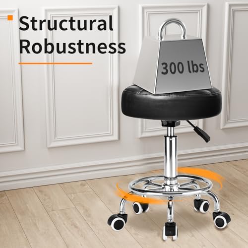 Image of Rolling Stool PU Leather Round - Ultra Soft Padded Seat Cushion Stool with Wheels with Footrest, Weight Capacity 300lb,Adjustable Height Stool for Tattoo Massage Salon Medical Spa Center (Jet Black)