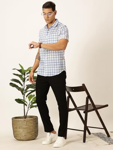 Image of Thomas Scott Men's | Checks | Half Sleeve | Slim Fit | Jute Linen | Spread Collar | Casual Shirt