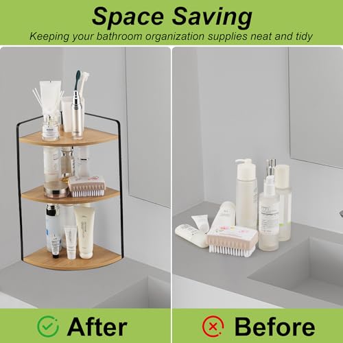 Image of 3 Tier Corner Bathroom Counter Organizer, Countertop Organizer, Makeup Organizer Countertop, Bathroom Storage Sink Shelf, Wooden and Metal Counter Shelf (Large Capacity-Rustic Walnut)