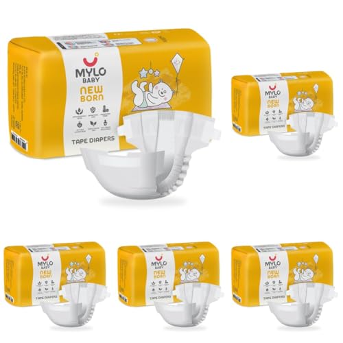 Image of Mylo Baby Tape Diaper Newborn (NB) Size Upto 5 kg Babies (26 Count) Leak Proof | Lightweight | Rash Free | Upto 12 Hours Protection | ADL Technology | with Zinc Oxide Layer (Pack of 5)