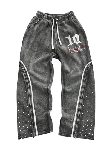 GORGLITTER Men's Letter Graphic Baggy Sweatpants Y2K Wide Leg Drawstring Acid Washed Track Pants with Pockets Streetwear