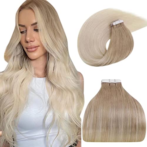 【Only 1 Pack】LaaVoo Tape Extensions Human Hair Ombre Hair Extensions Ash Blonde Fading to Platinum Blonde Hair Extensions Tape in Remy Hair Seamless Short Hair Extensions 30g 20pcs 12"