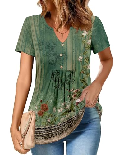 Zeagoo Womens Short Sleeve Tops Summer Henley V-Neck Tshirts Casual Pleated Blouse Dressy Loose Floral Basic Tee2