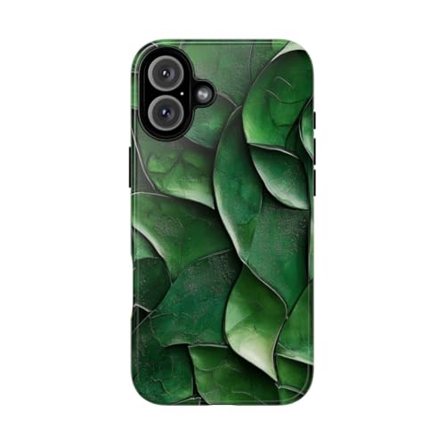 Coque rigide brillante iPhone 16 Plus motif texture feuille sculptée verte