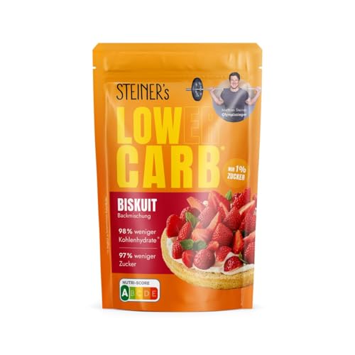 STEINER´s Low Carb Biskuit Backmischung | 98% weniger Kohlenhydrate | Nur 1,3g Zucker | Glutenfrei | Ballaststoffreich | Biskuitboden kinderleicht zubereiten | 1x 150g Packung