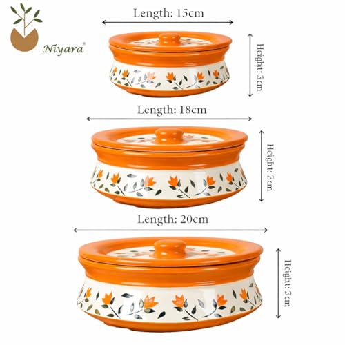 Image of Niyara Orange Leaf Design Ceramic Casserole with Lid for Serving & Storage | Microwave Safe | Stylish Kitchen & Dining Serveware (Set of 3, Sizes: 1000ML, 650ML, 550ML)