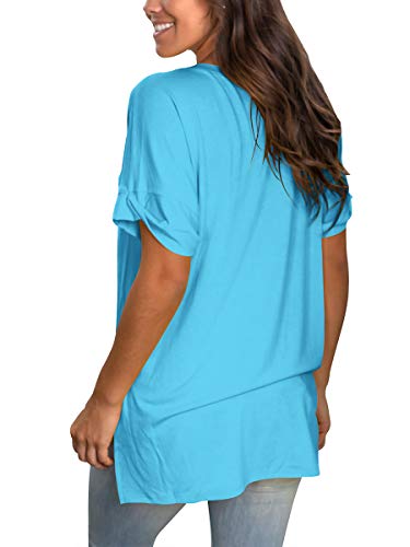 Image of Sampeel Women's V Neck T Shirts Casual Rolled Short Sleeve Side Split Summer Tops Loose Fit